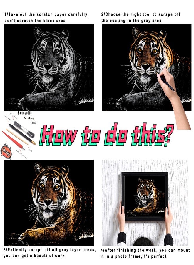 BOTEEN ورق رسم قوس قزح قابل للخدش من بوتين، فن الخدش والرسم للأطفال والكبار، سلسلة حيوانات، هدايا إبداعية يمكنك صنعها بنفسك، مجموعات فنية وحرفية مع 4 أدوات، 16 × 11، متعدد الألوان - Image 3
